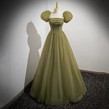 Simple A line Tulle Green Long Prom Dresses HZ1023